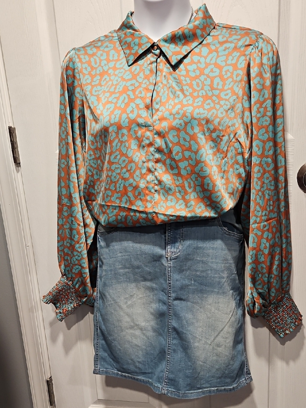 First Love Teal and Orange Leopard Print Satin Blouse